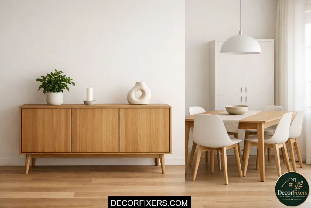 Scandinavian dining room with sleek oak sideboard and minimal styling decor