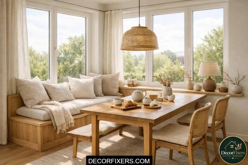 Scandinavian dining room with built-in window bench seating and soft linen cushions