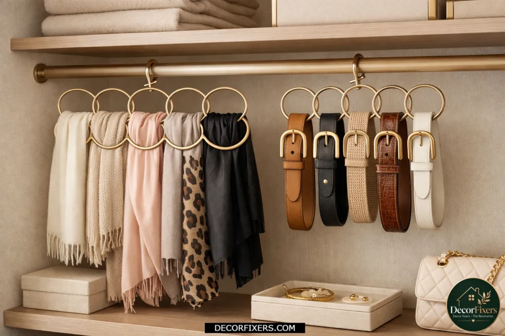 Scarves and belts neatly organized on multi-loop closet hanger.