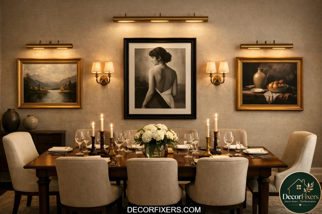 Framed artwork illuminated by wall sconces in a refined gallery-style dining room wall
