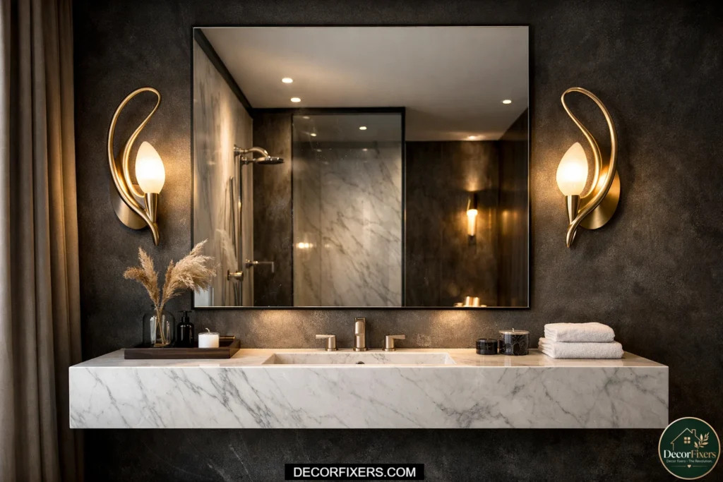 Curved sculptural vanity sconces in a luxury modern bathroom.