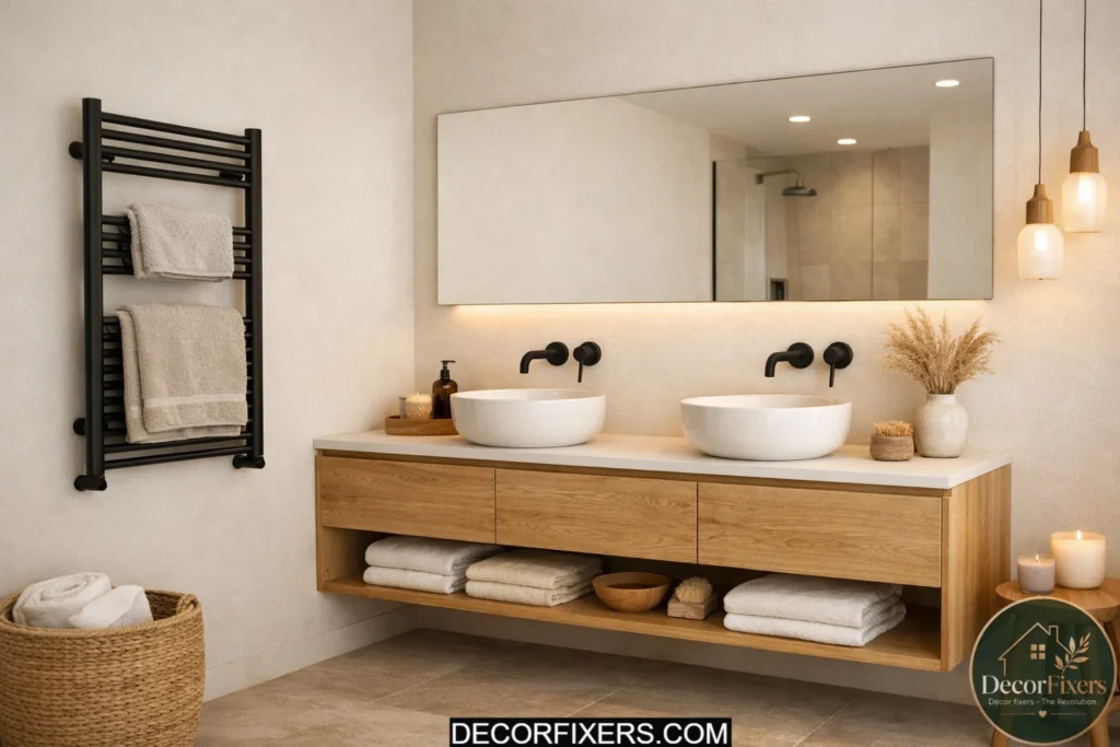 Scandinavian bathroom with sealed oak shelving and warm wood accents.