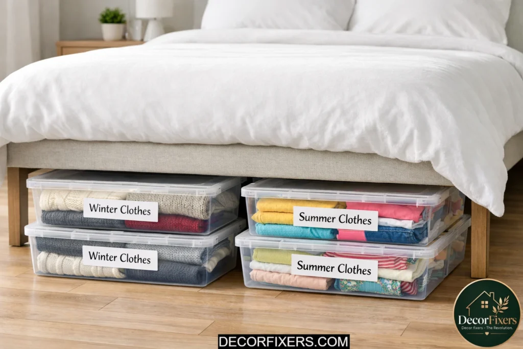 Organized seasonal clothing storage system under a bed