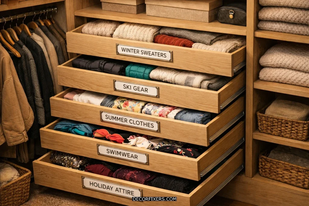 Seasonal rotation drawer system for closet storage.