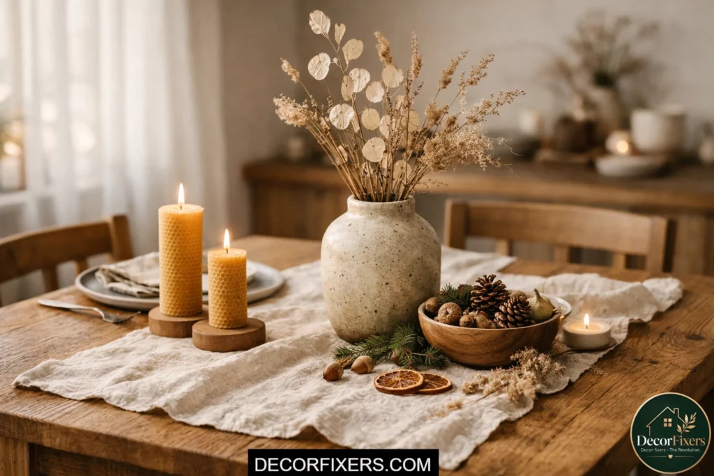 Scandinavian dining table with linen runner and seasonal natural decor accents