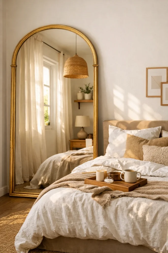 Secondhand gold mirror styled in a modern budget bedroom makeover