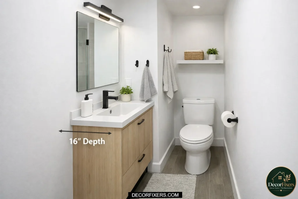 Slim shallow-depth vanity improving floor space in a narrow bathroom