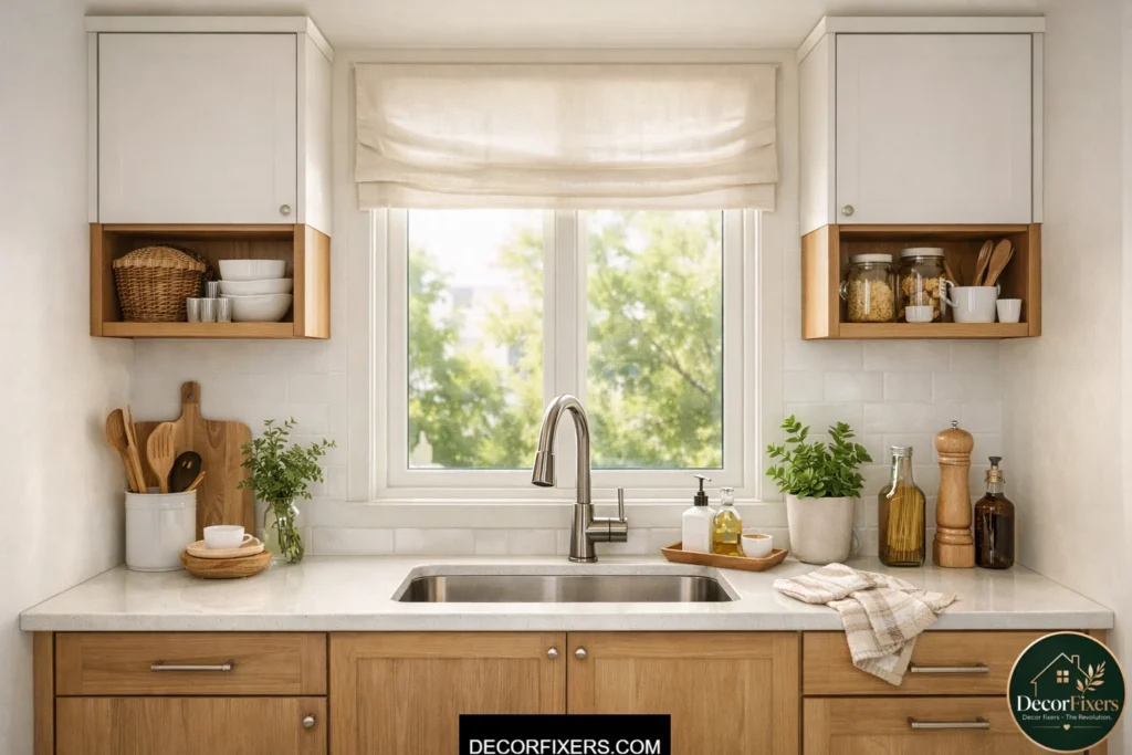 Shallow wall cabinets around a kitchen sink window in a compact kitchen
