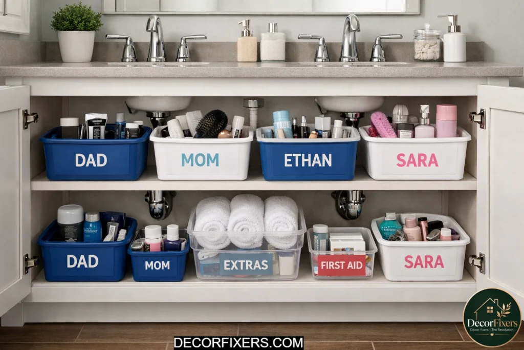 Color-coded storage bins organizing shared bathroom cabinet by person