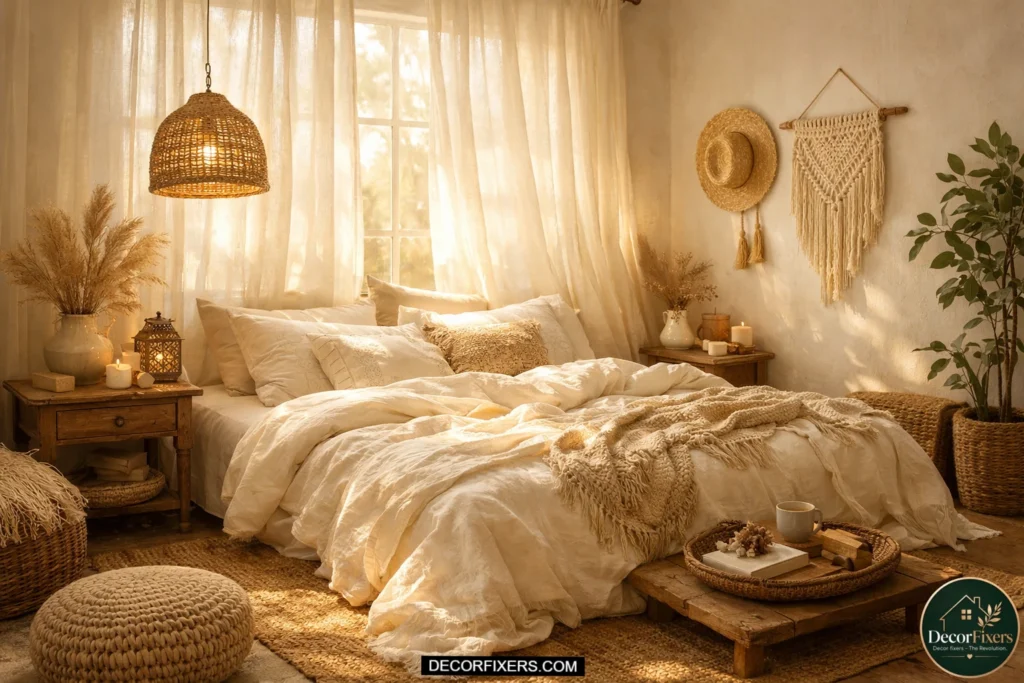 Bohemian bedroom with sheer linen curtains filtering soft golden sunlight across cream bedding and earthy decor creating an airy relaxed atmosphere.