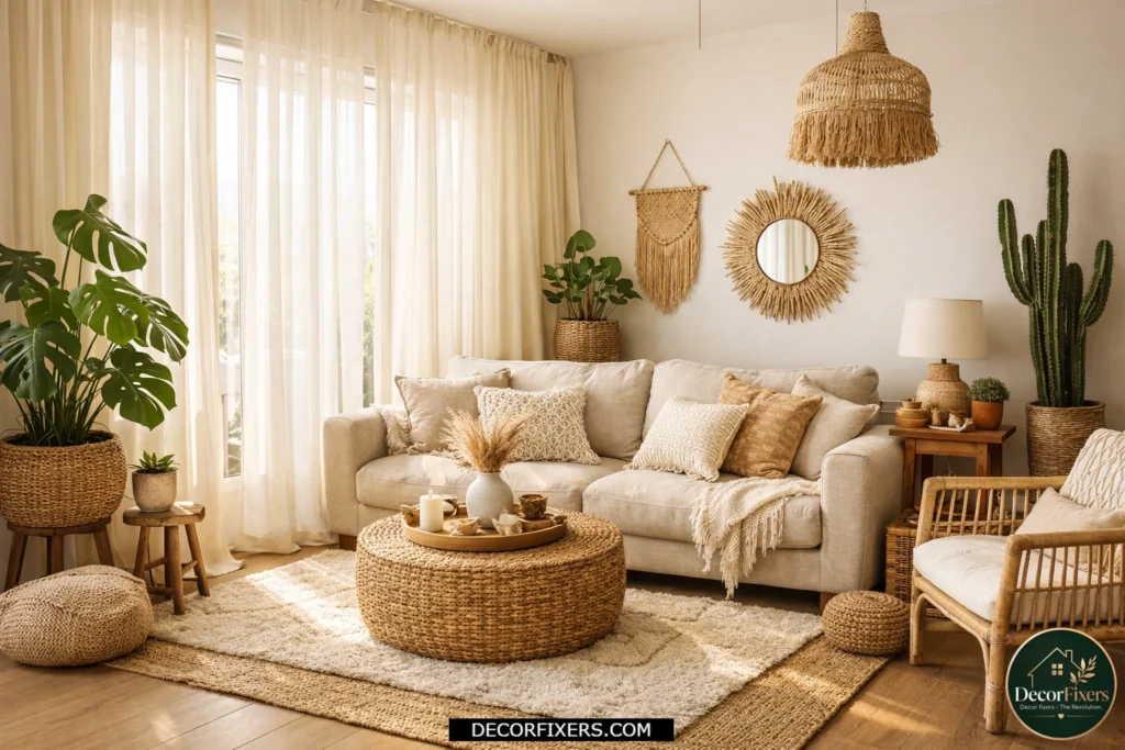 Airy boho living room with sheer curtains and natural light