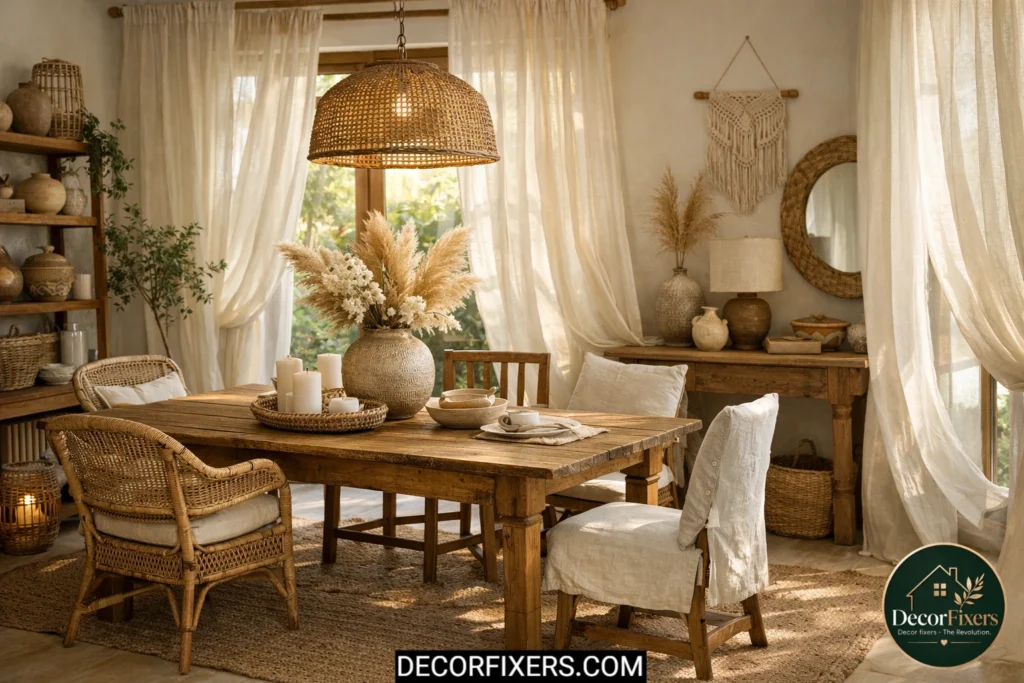 Boho dining room with sheer linen curtains and soft sunlight