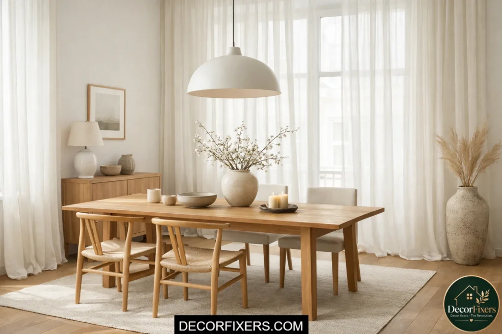 Scandinavian dining room with floor-length sheer linen curtains and natural daylight
