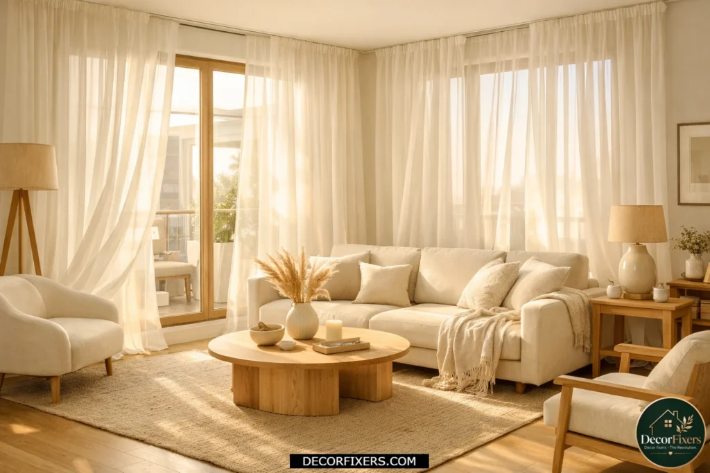 Sheer white curtains softly filtering sunlight in a modern living room.