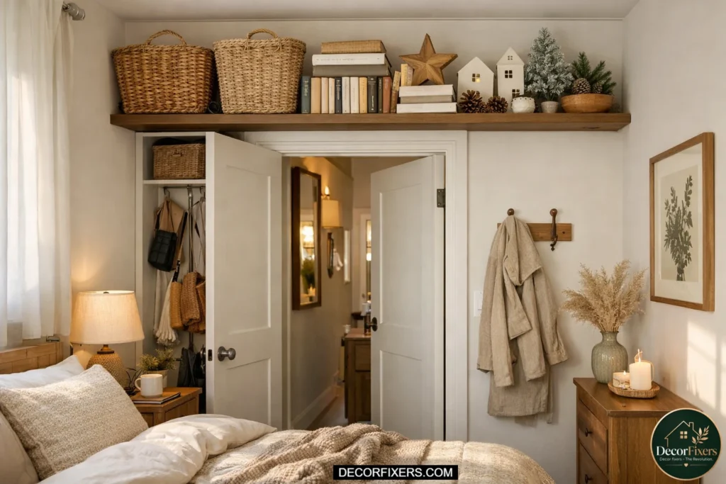 Floating shelf installed above a bedroom door storing baskets, books, and seasonal decor as a hidden vertical storage solution in a compact apartment