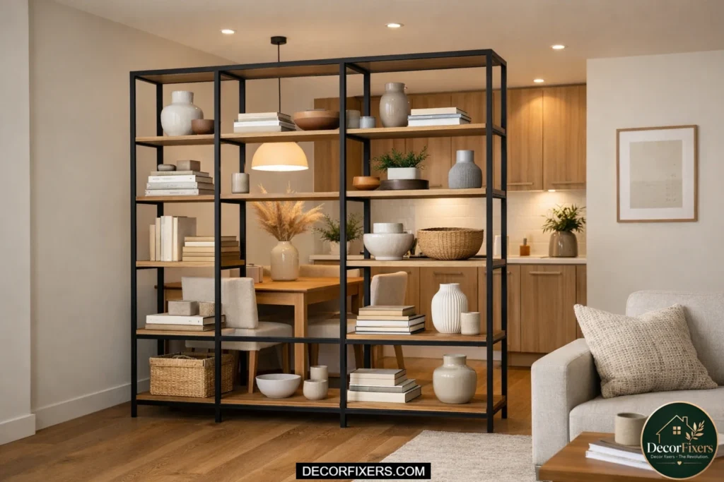 Open shelf divider separating dining and living room spaces