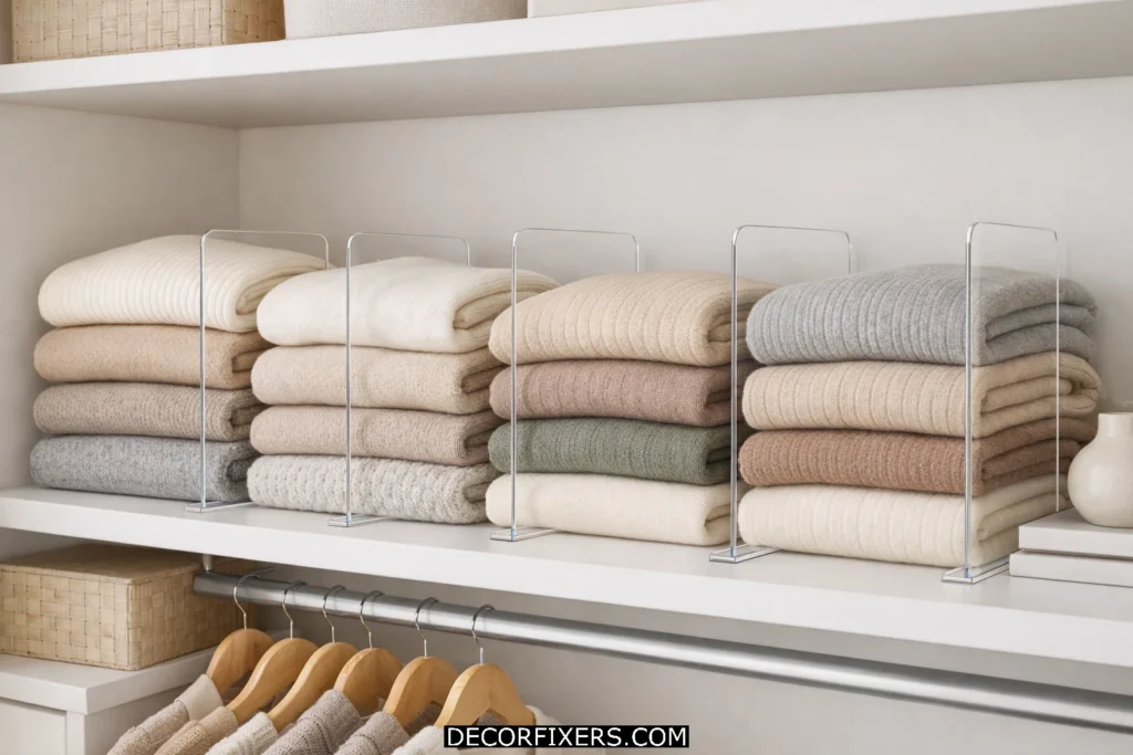 Shelf dividers keeping folded clothing stacks organized inside a small closet.