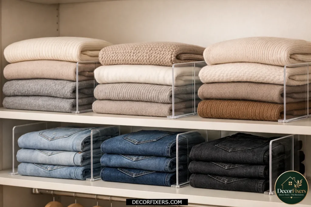 Closet shelf dividers keeping folded clothes neatly separated.