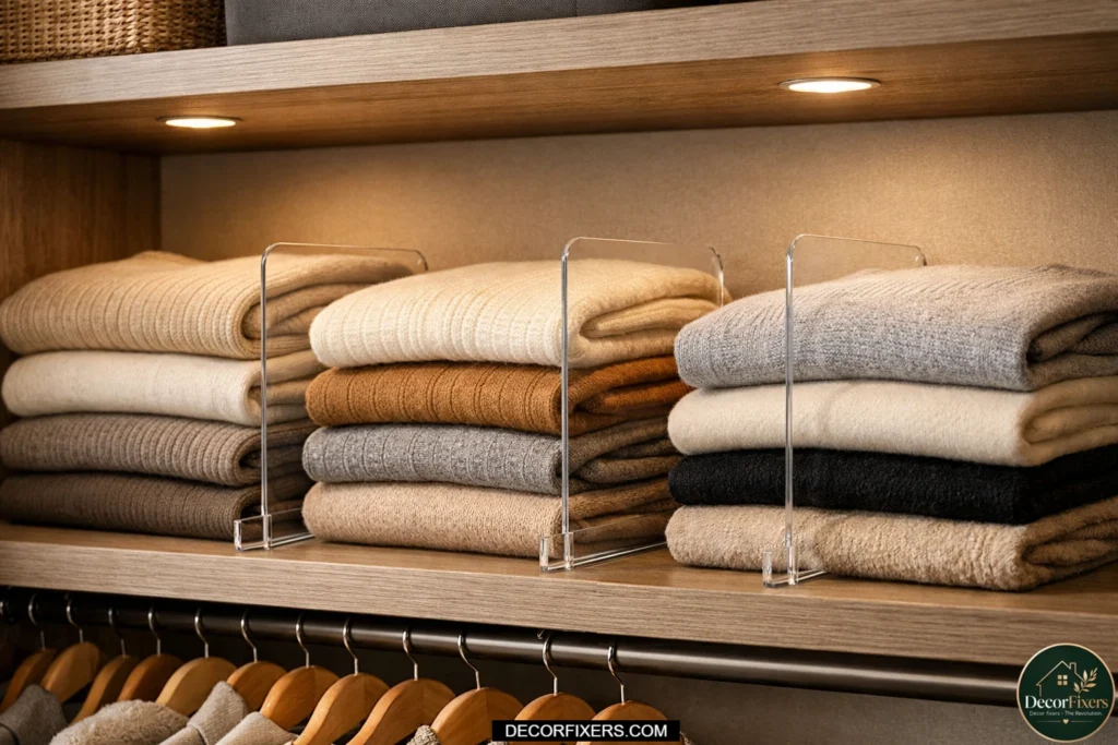 Closet shelf with clear acrylic dividers separating neatly folded sweater stacks for a clean and organized wardrobe in a modern apartment