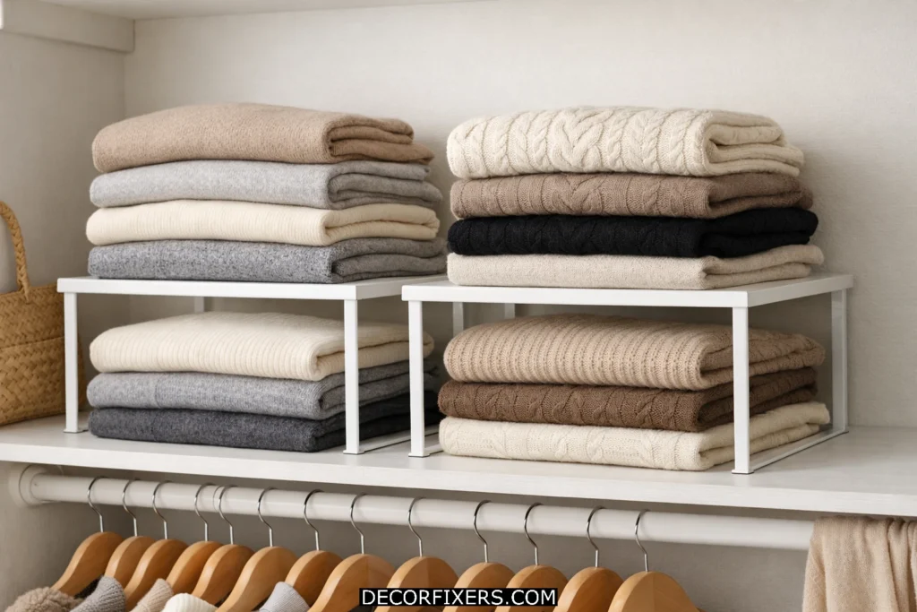 Shelf risers doubling folded clothing storage inside a small closet shelf.