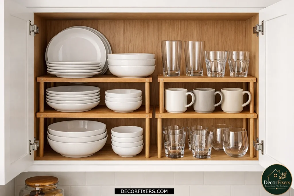 Bamboo shelf risers doubling storage space inside kitchen cabinets.