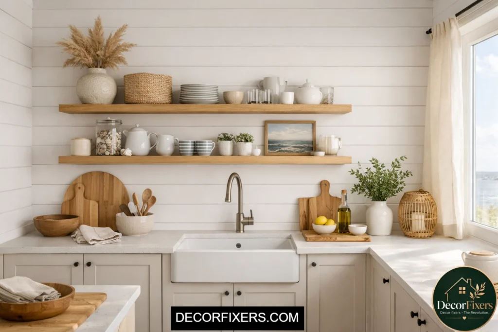 White shiplap walls in Scandinavian kitchen