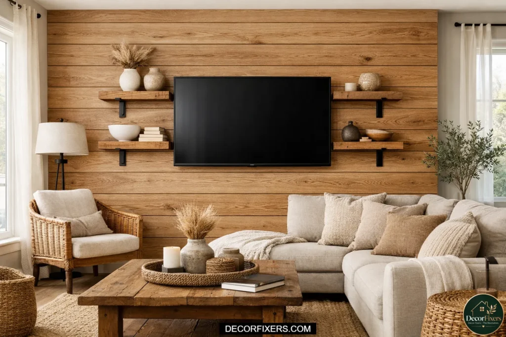 A warm oak-stained shiplap TV accent wall with horizontal wood planks and blackened steel floating shelf brackets holding decor items beside a wall-mounted television