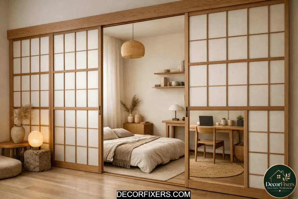 Shoji-inspired divider in a Japandi studio bedroom