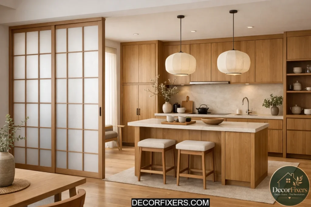 Japandi kitchen with shoji-style sliding room divider and warm wood finishes.