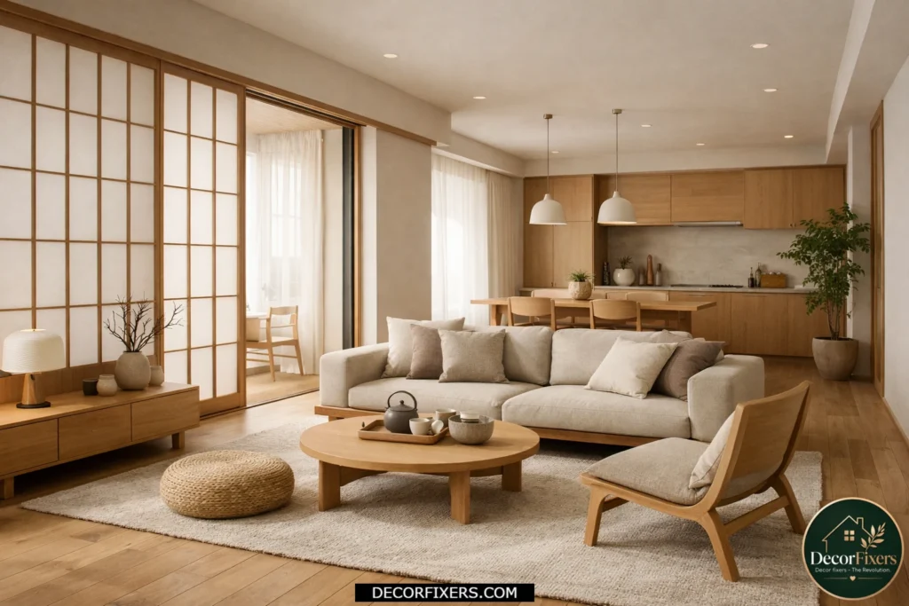 Japandi living room with shoji screen room divider