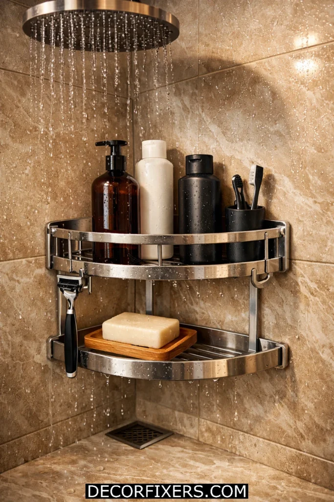 Stainless steel shower corner caddy holding shampoo bottles and razors in organized luxury shower