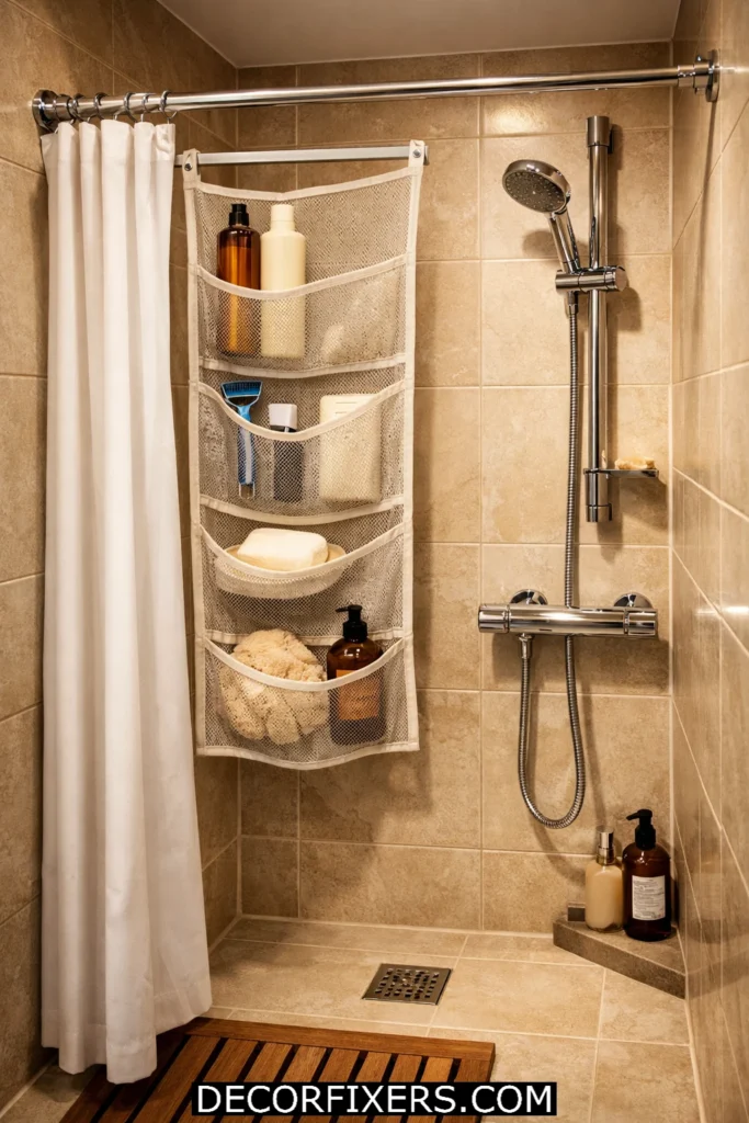 Extendable shower curtain rod with mesh storage pockets holding shampoo and razors inside compact shower