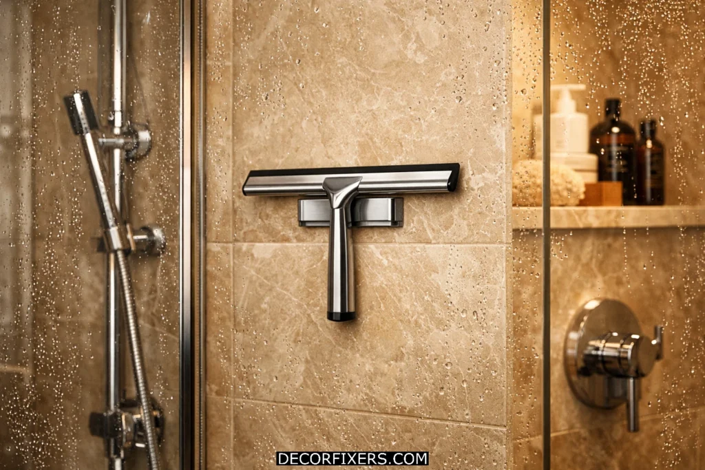 Shower squeegee mounted on wall holder inside modern glass shower enclosure in compact bathroom