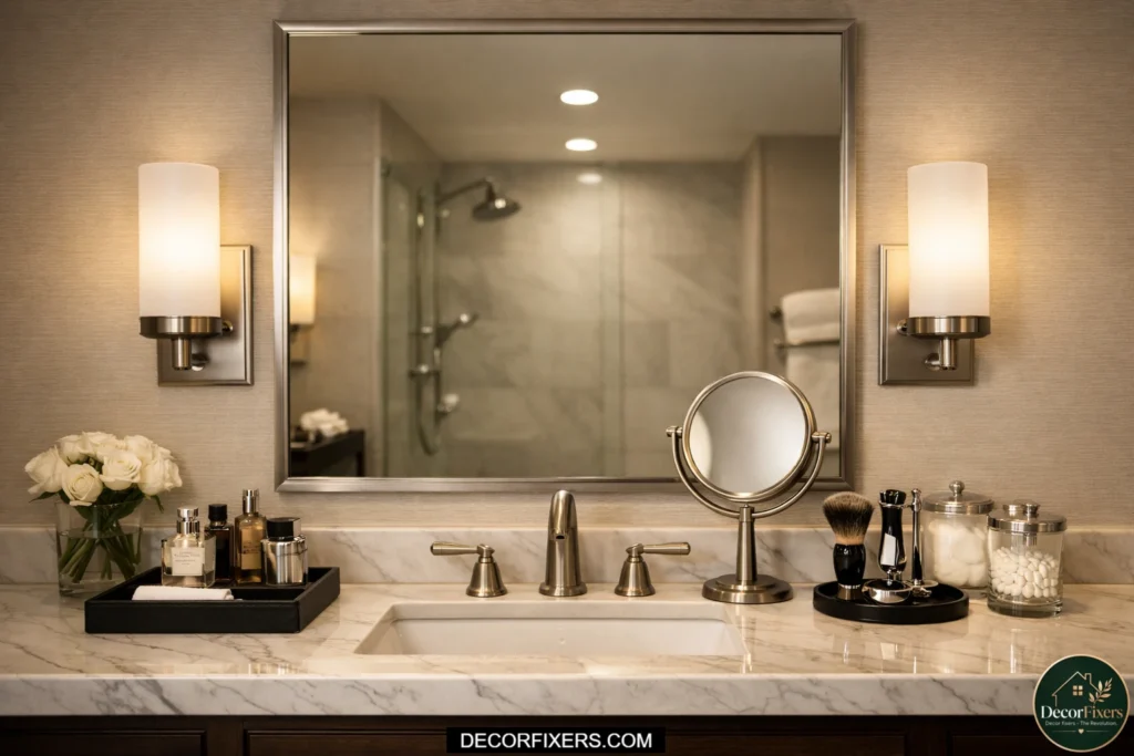 Modern side sconces beside a bathroom mirror providing shadow-free makeup lighting.