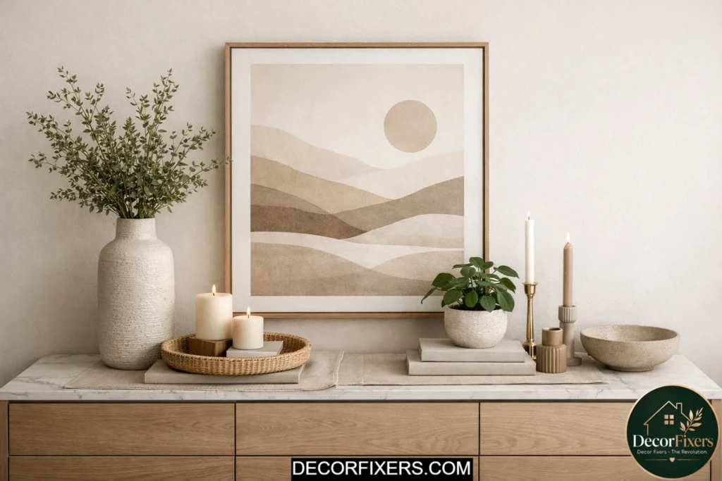 Styled dining room sideboard vignette with decor and greenery