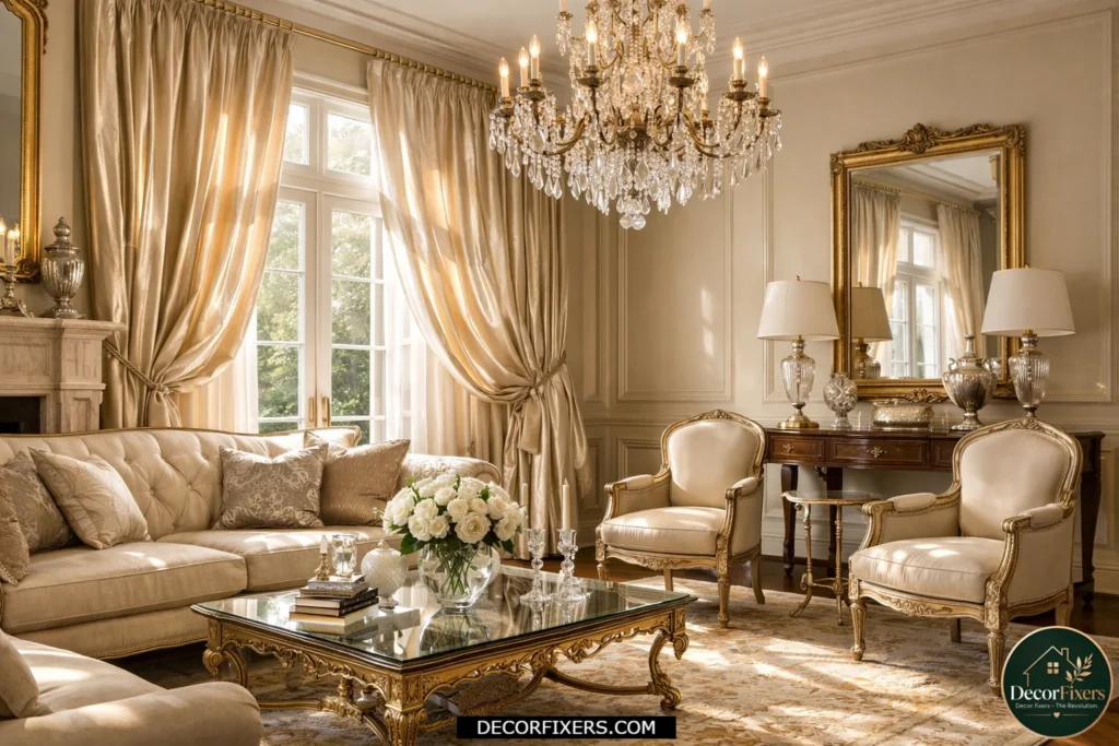 Champagne silk curtains adding elegance to a formal living room.