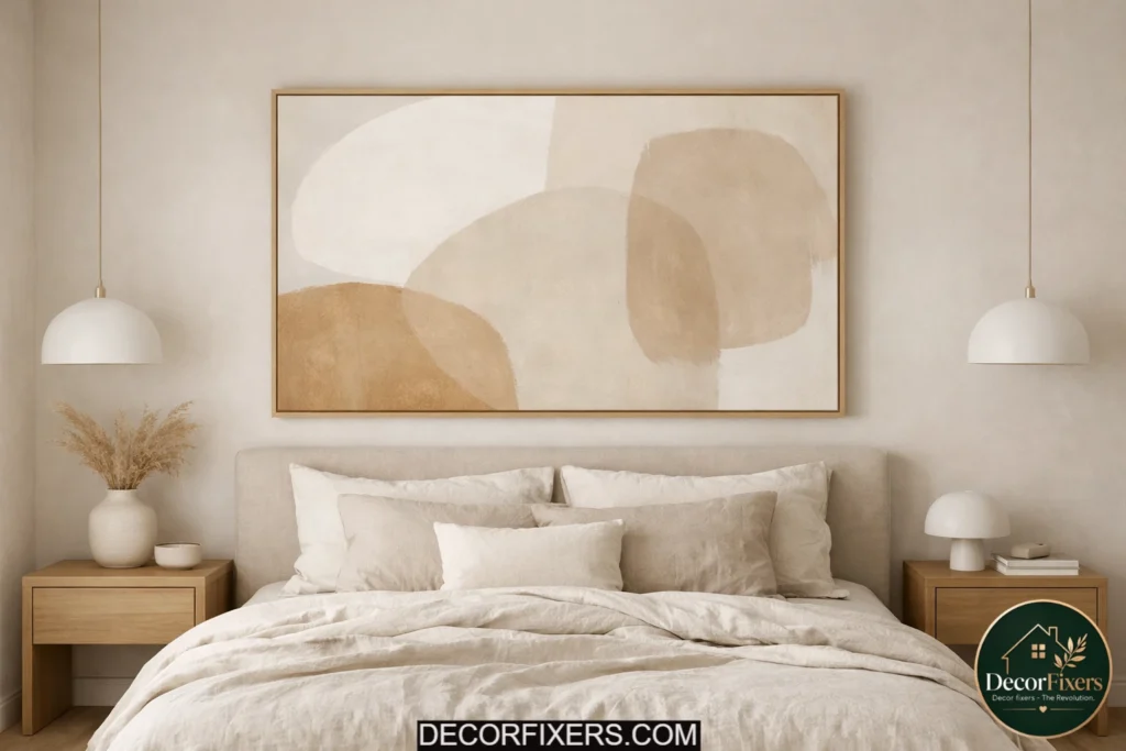 Minimalist bedroom with one large abstract artwork above the bed