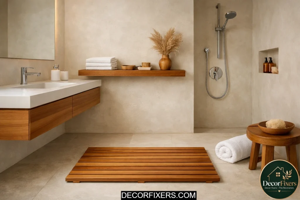 Minimalist bathroom featuring teak wood accents as the only natural material element