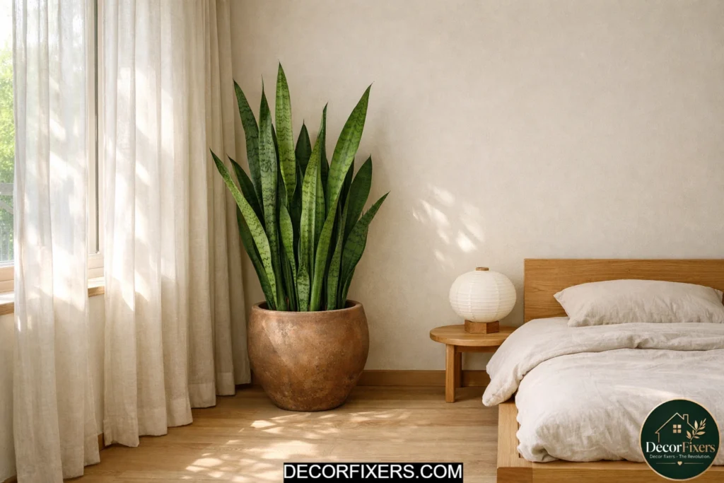 Single sculptural plant in a calm Japandi bedroom corner