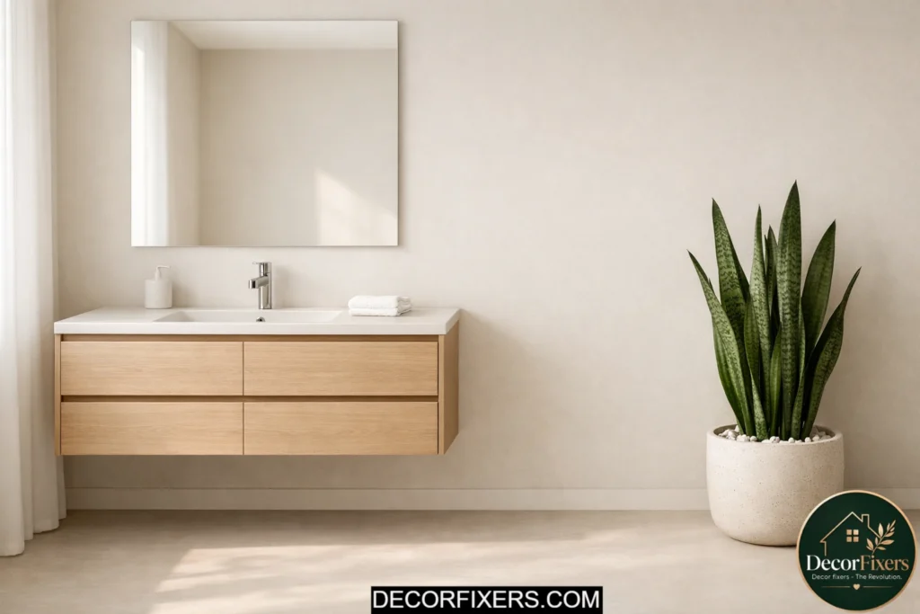 Minimalist bathroom styled with one snake plant and completely uncluttered surfaces