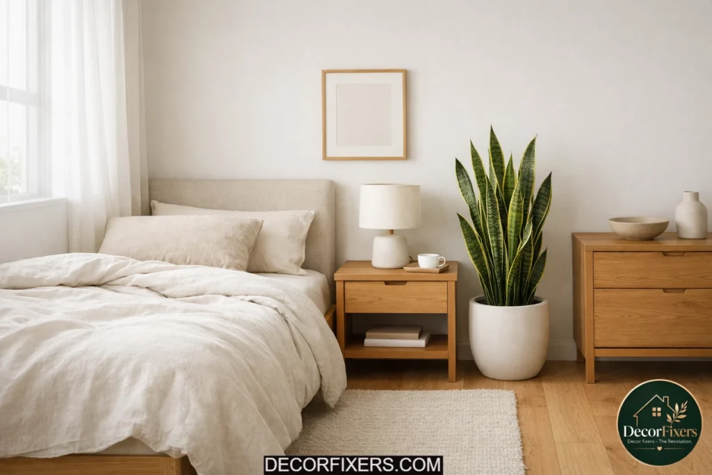 Minimalist bedroom styled with one snake plant and warm neutral decor