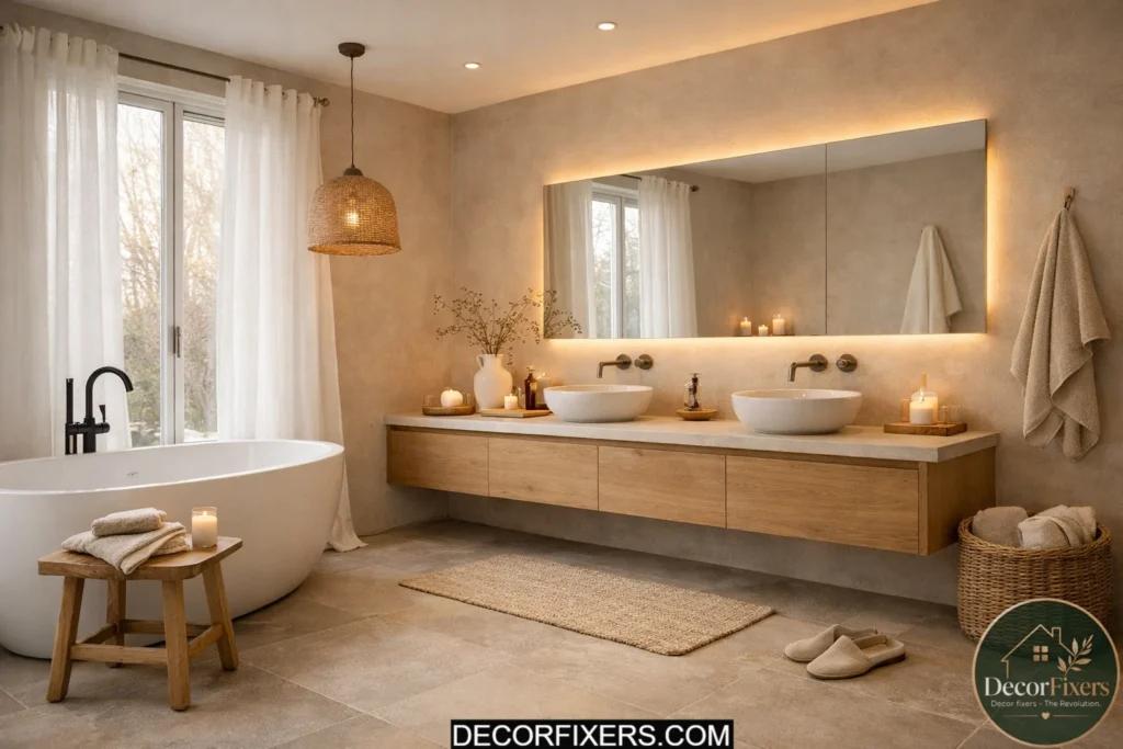 Scandinavian bathroom with one eucalyptus plant and neutral minimalist decor.