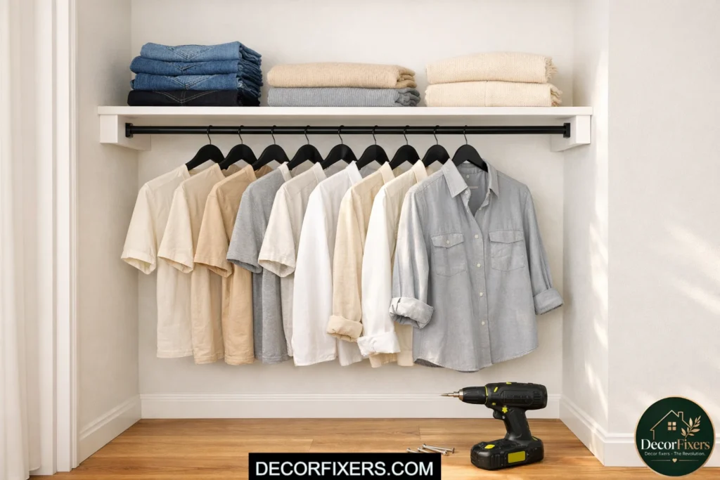 Simple DIY closet shelf and single hanging rod installed inside a small reach-in closet