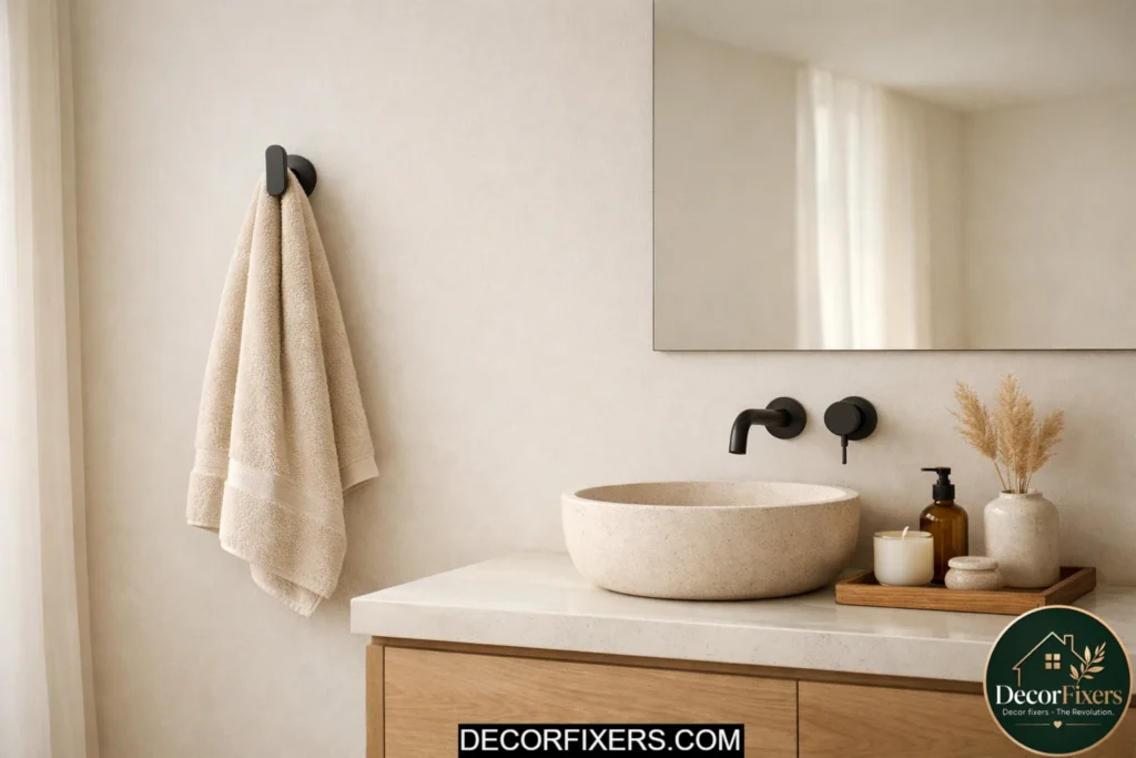 Minimalist bathroom with one neatly hung towel and clean uncluttered styling