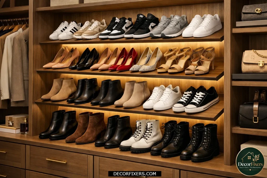 Tiered slanted shoe rack organizing shoes inside a bedroom closet.
