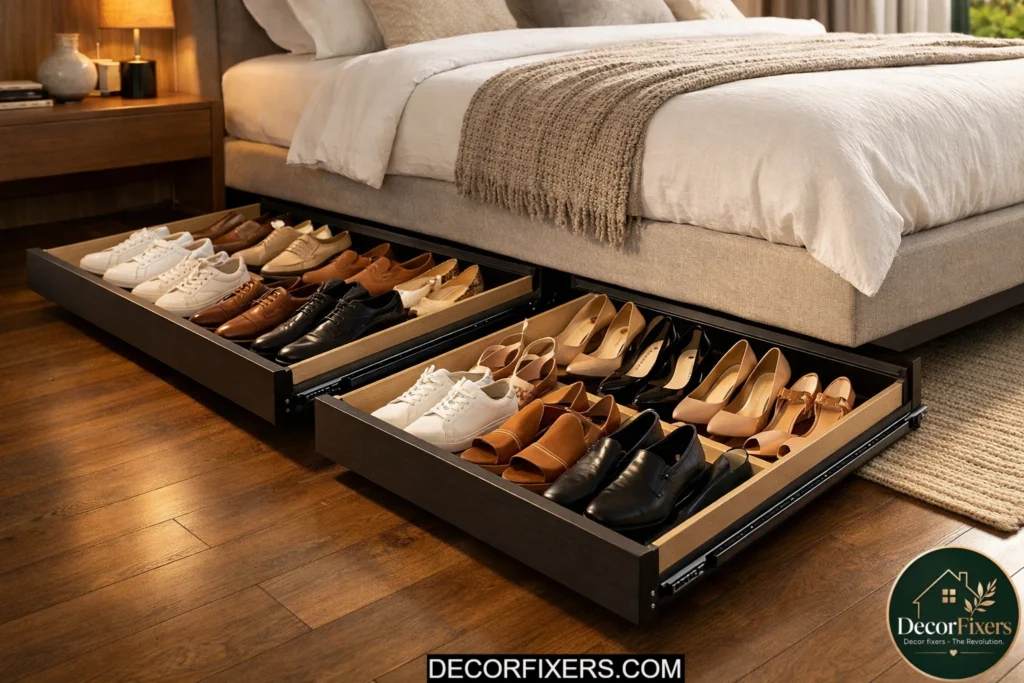 Sliding underbed shoe drawers storing organized footwear