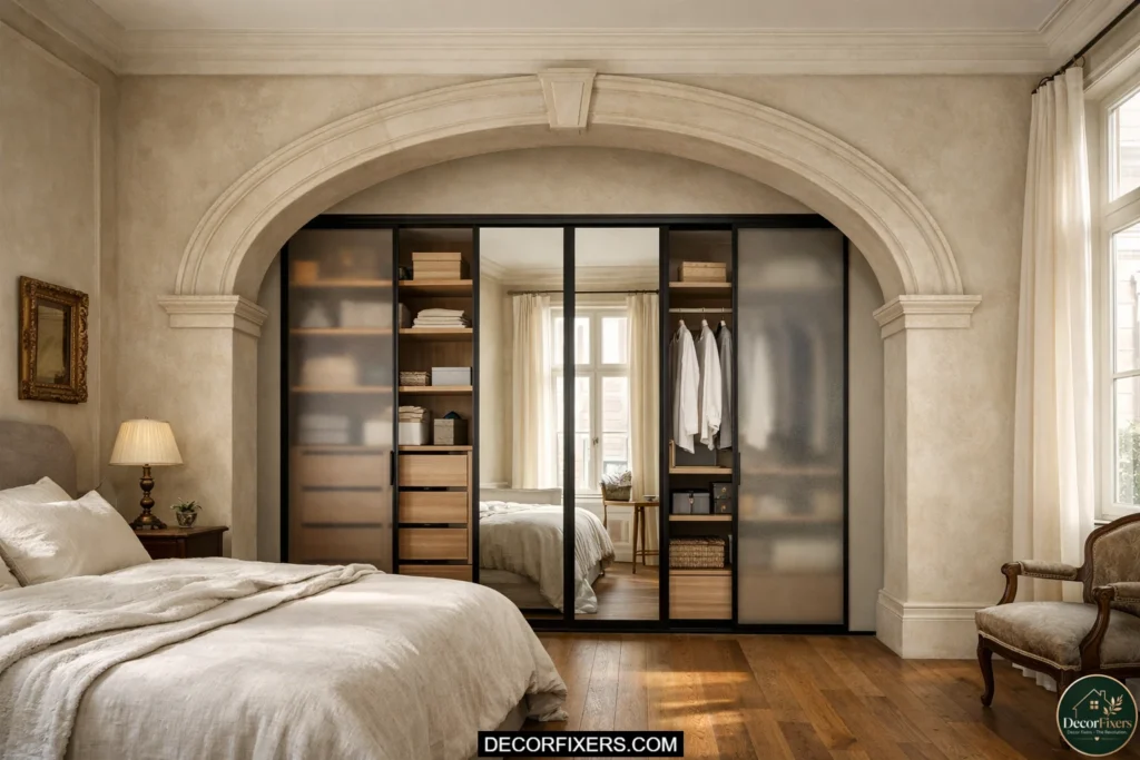 Sliding wardrobe fitted into an existing architectural arch opening.