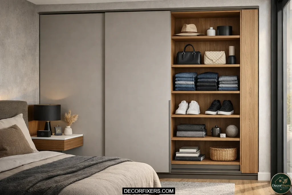 Sliding wardrobe combined with open shelving for everyday storage.