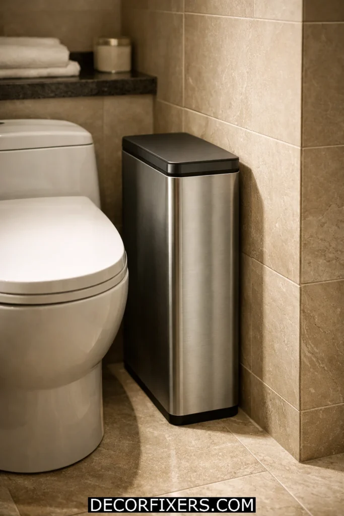 Slim rectangular bathroom trash bin with lid fitting beside toilet in narrow compact bathroom layout