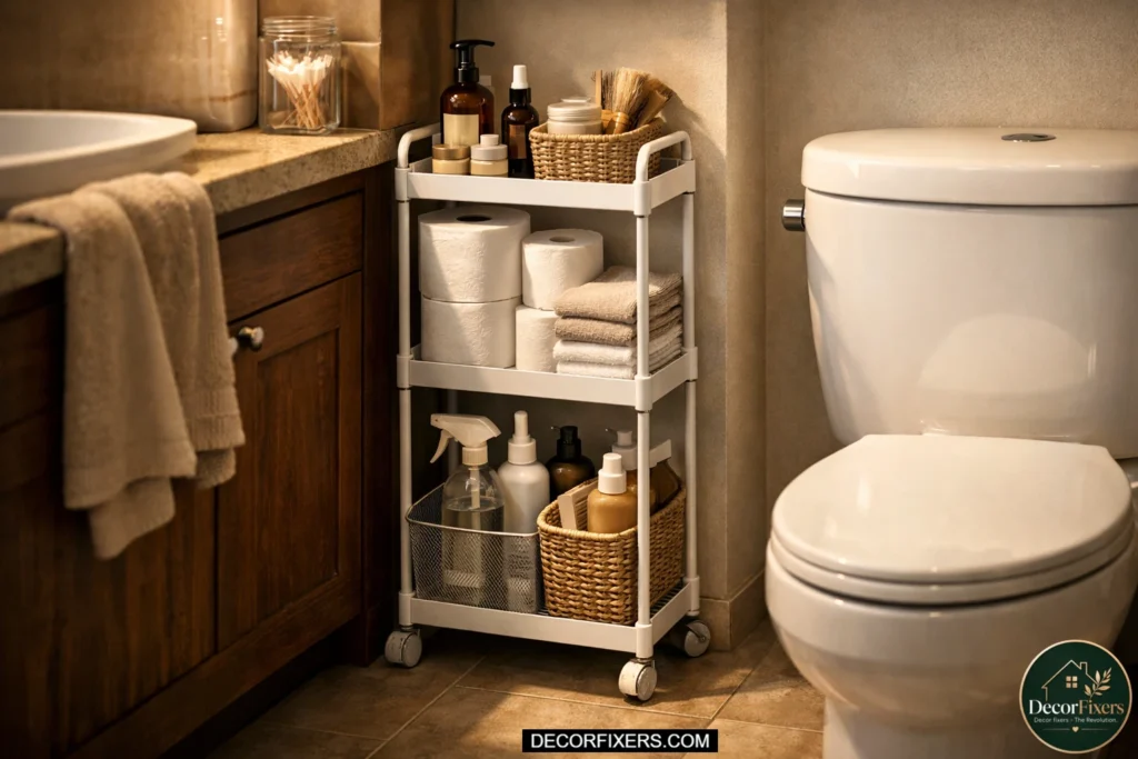 Slim rolling storage cart fitted into a narrow bathroom gap holding toilet paper, skincare products, towels, and cleaning supplies in a compact apartment